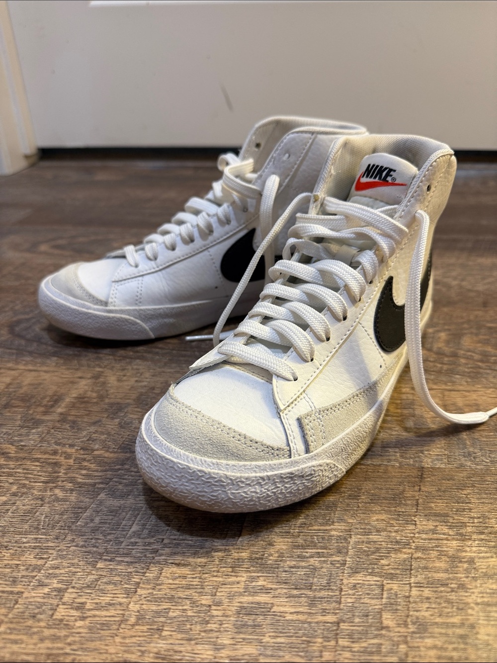 Boys Nike Blazers -White High-Top Sneakers with Black Swoosh and Red Logo